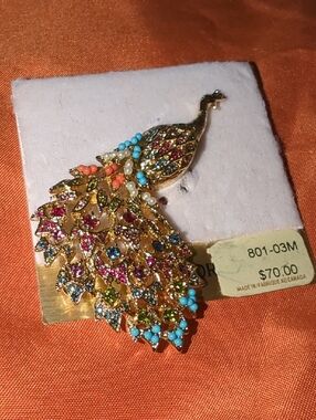 Vintage Gold-Tone Multicolor Crystal Peacock Brooch - Women's Jewelry